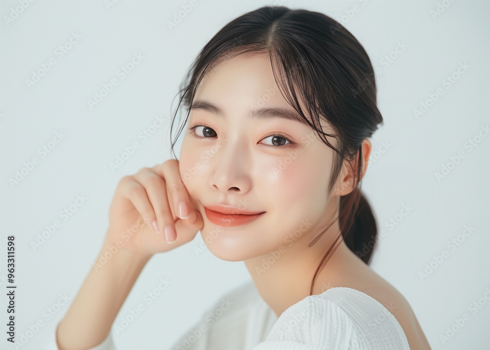 It's a beautiful young Asian woman with clean and healthy skin is portrayed on a white background. It's a beautiful young Asian woman with clean and healthy skin is portrayed on a white background.