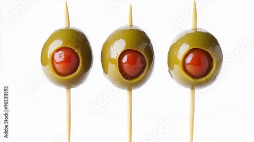 Green olives on toothpicks isolated on a white background photo