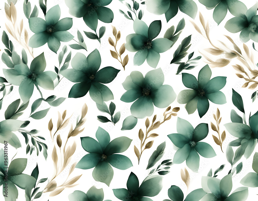 Fototapeta premium Floral seamless pattern with abstract green and beige flowers background