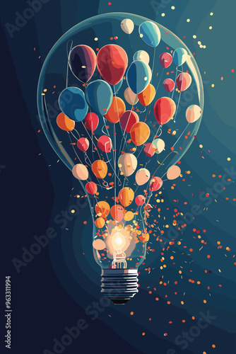 Innovative Idea Light Bulb Opening to Release Profit Balloons, Symbolizing Startup Success and Celebration