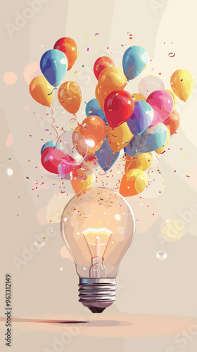 Innovative Idea Light Bulb Opening to Release Profit Balloons, Symbolizing Startup Success and Celebration