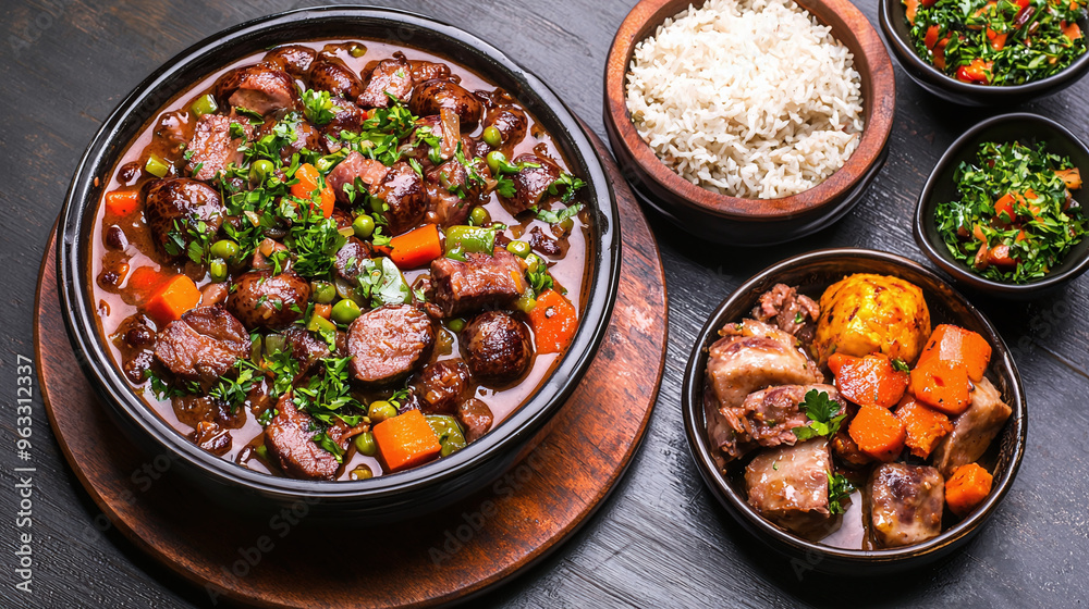 a traditional Brazilian feijoada dish served with side dishes. a traditional Brazilian feijoada dish served with side dishes.