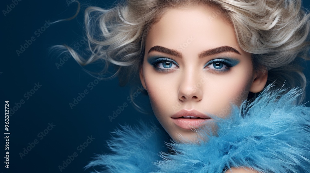 Close-up portrait of a beautiful woman with blue shimer evening makeup. Neural network ai generated art Close-up portrait of a beautiful woman with blue shimer evening makeup. Neural network ai generated art