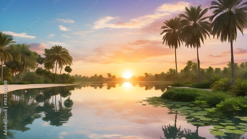 A serene oasis at sunset with a reflection of the sky on the calm water surface, surrounded by lush palm trees --ar 3:2 --v 4 A serene oasis at sunset with a reflection of the sky on the calm water surface, surrounded by lush palm trees --ar 3:2 --v 4