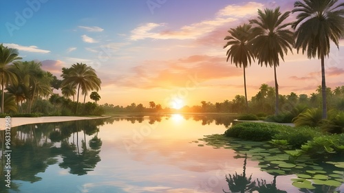 A serene oasis at sunset with a reflection of the sky on the calm water surface, surrounded by lush palm trees --ar 3:2 --v 4