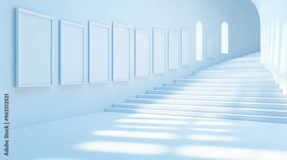 Bright gallery staircase with empty frames and soft lighting Bright gallery staircase with empty frames and soft lighting