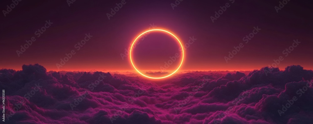 Neon circle glowing over purple clouds at sunset Neon circle glowing over purple clouds at sunset