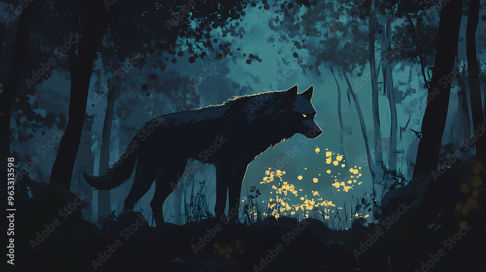 Fototapeta premium Wolf in the forest, wolf in the woods, wolf in the night, werewolf, werewolf in the forest. Werewolf. Illustration