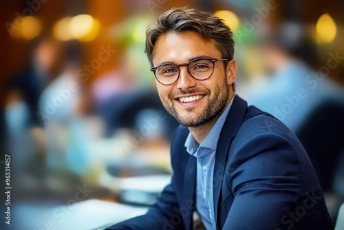 Confident Businessman: A young professional exudes confidence and success as he smiles warmly in his stylish attire. His glasses and beard add to his sophisticated look, capturing the essence of moder