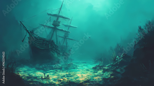 Underwater scene of a sunken pirate ship. Pirate. Illustration