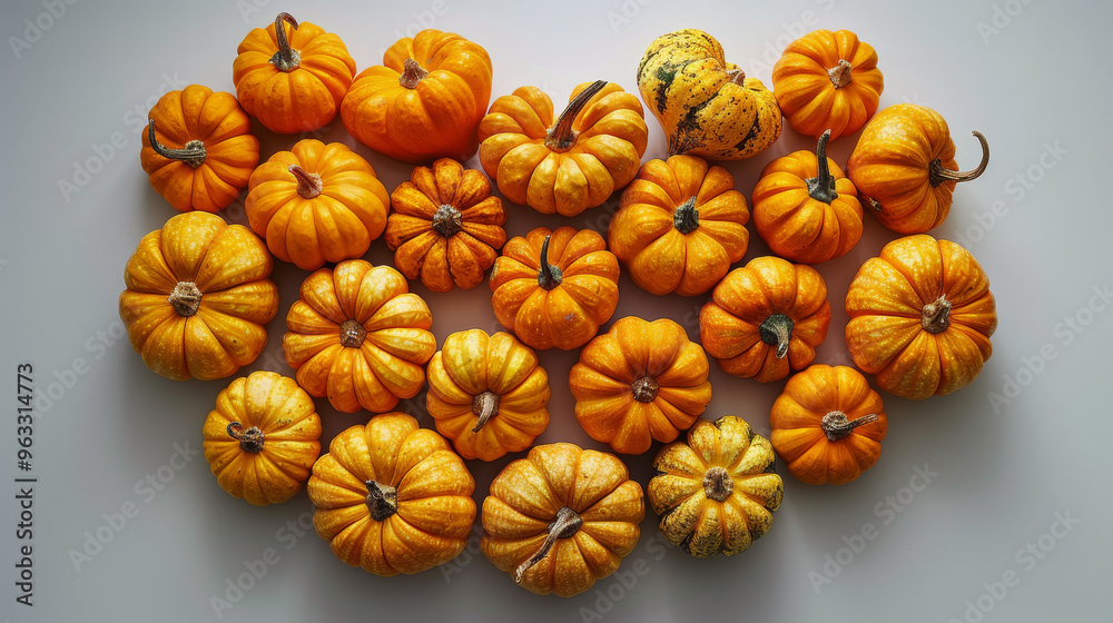 Heart-shaped arrangement of small pumpkins on a light background, highlighting the benefits and potential drawbacks of pumpkins, commonly used in various dishes, with ample copyspace for text
