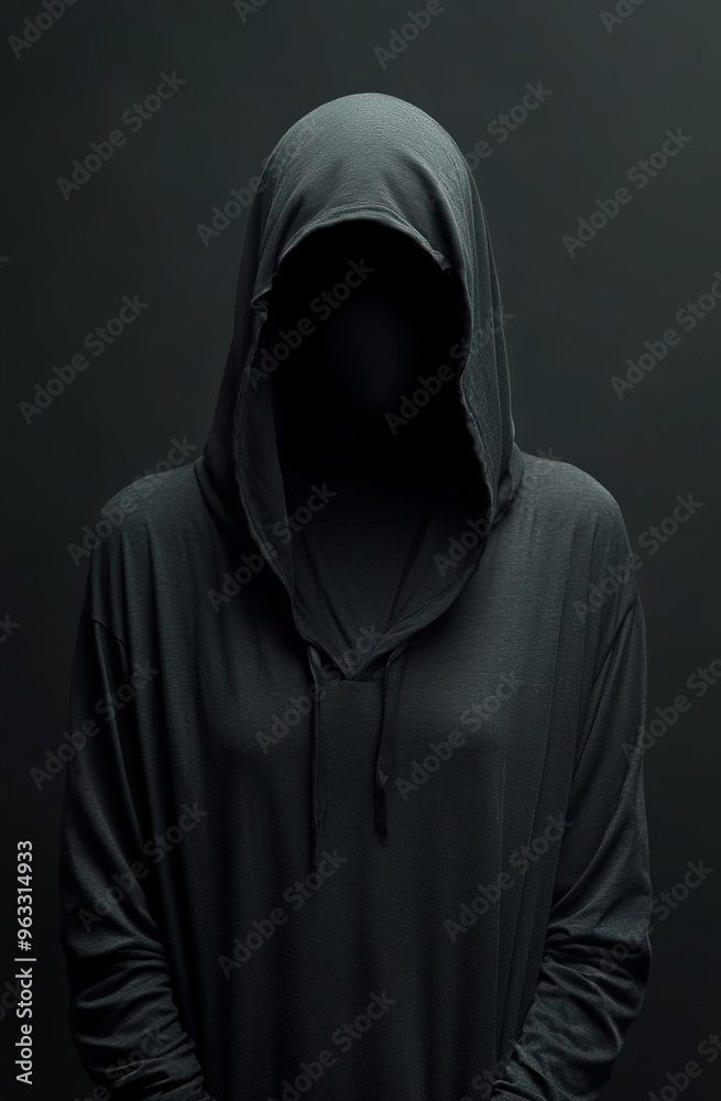 A black hooded garment with no visible face or head, covering the entire body against a dark background A black hooded garment with no visible face or head, covering the entire body against a dark background