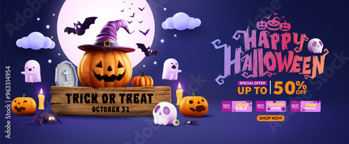 Halloween Promotion Poster or banner template,Halloween celebration with Pumpkin Jack-O'-Lantern,Witch Hat,Ghosts and Spooky Decorations.Halloween Special discount offer on dark night sky background
