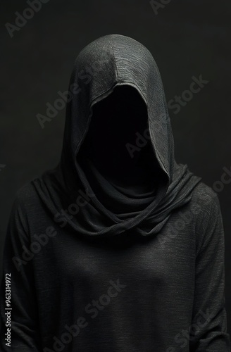 A black hooded garment with no visible face or head, covering the entire body against a dark background