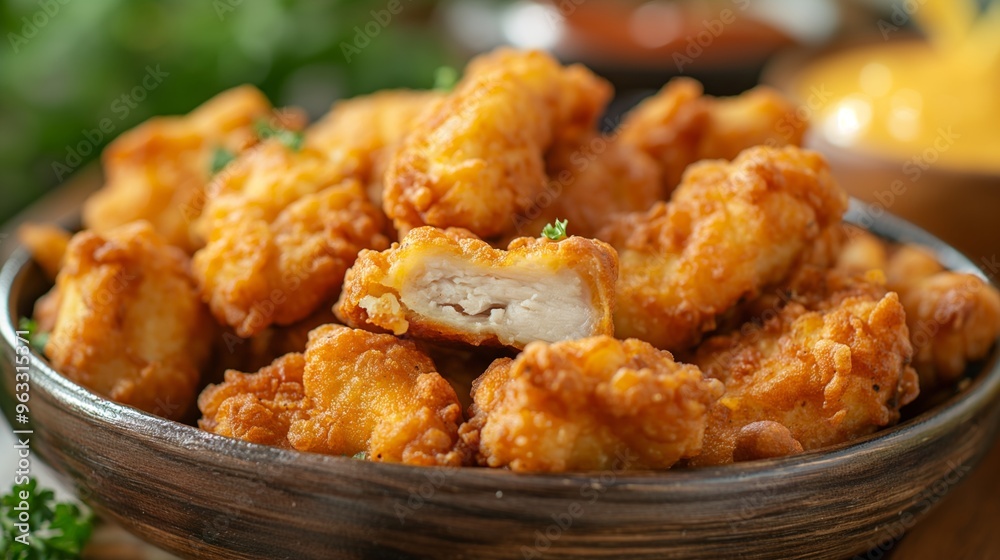 A bowl filled with golden, crispy chicken nuggets, showcasing a mouth-watering meal. A bowl filled with golden, crispy chicken nuggets, showcasing a mouth-watering meal.