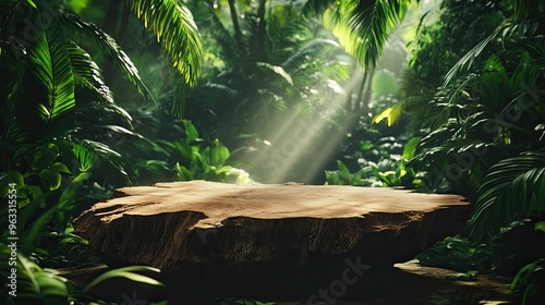 Fototapeta Naklejka Na Ścianę i Meble -  A large tree stump A base for Product Exhibition is in the middle of a tropical forest filled with various green plants