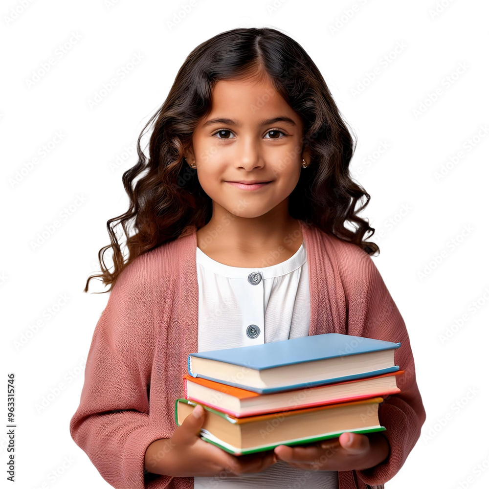 Charming young girl carrying books, reading concept, education, schoolgirl, transparent background Charming young girl carrying books, reading concept, education, schoolgirl, transparent background