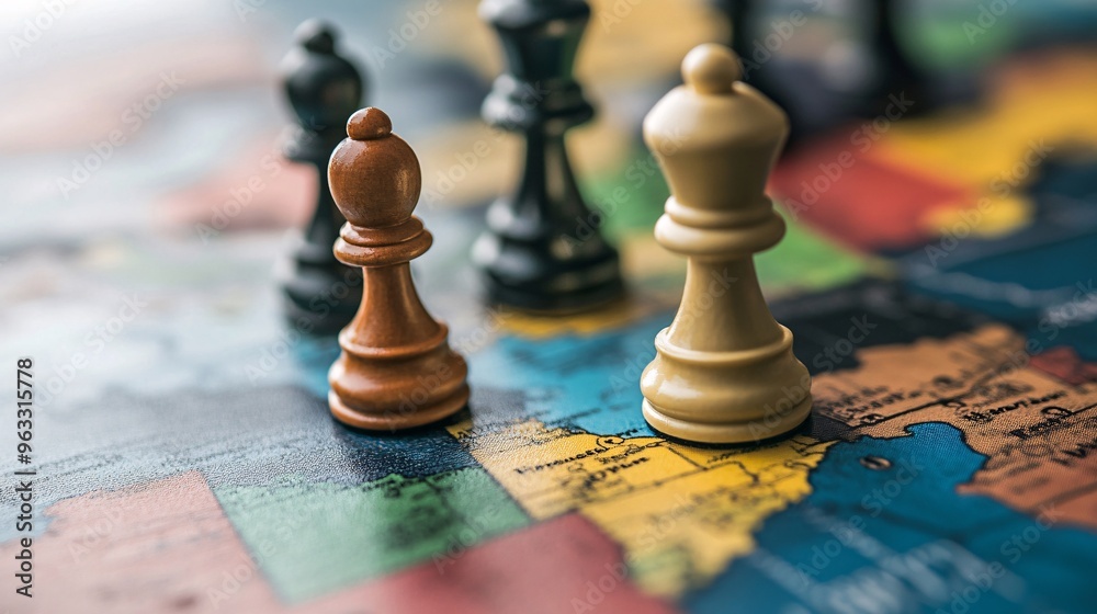 Chess pieces placed on a world map, representing global strategy, geopolitical moves, international relations, and strategic decision-making. Chess pieces placed on a world map, representing global strategy, geopolitical moves, international relations, and strategic decision-making.