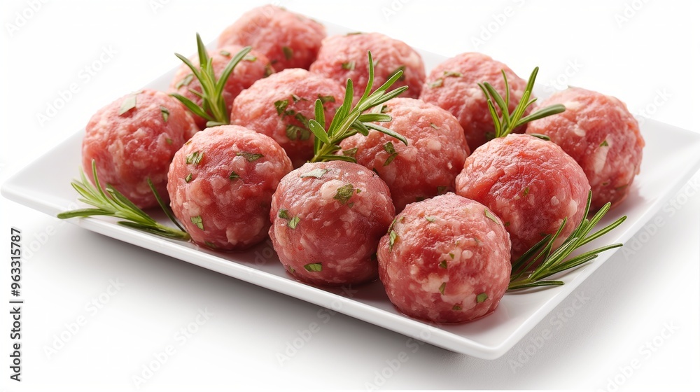 Raw meatballs with herbs and rosemary on a white plate, ready for cooking. Fresh ingredients on display. Raw meatballs with herbs and rosemary on a white plate, ready for cooking. Fresh ingredients on display.