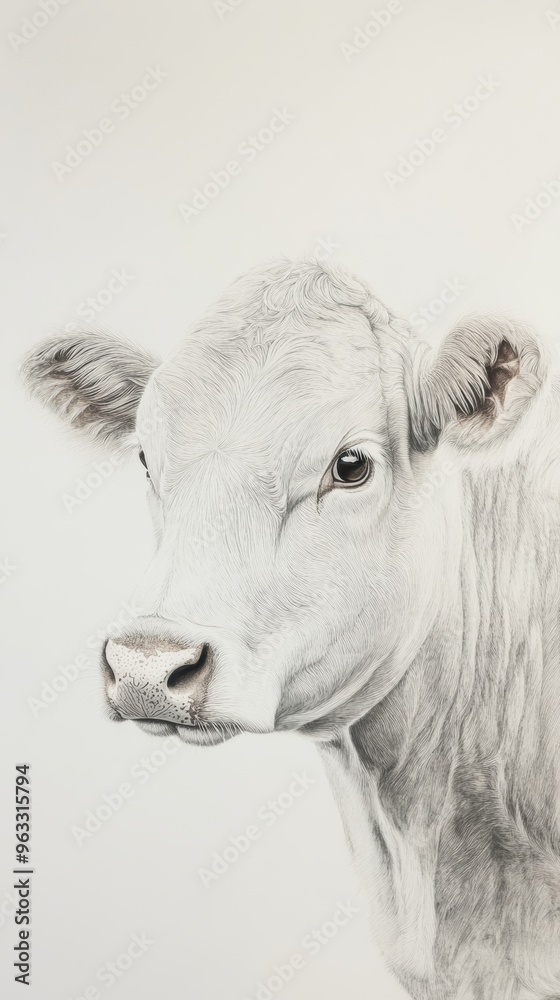 White cow staring intensely on white background White cow staring intensely on white background