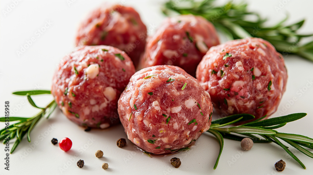 Raw meatballs garnished with rosemary and peppercorns, ready for cooking. Raw meatballs garnished with rosemary and peppercorns, ready for cooking.