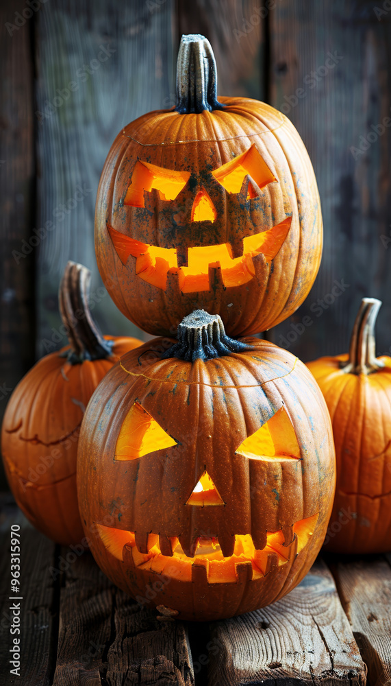 At dusk, three illuminated spooky pumpkins with ominous expressions sit on a wooden surface with a dark blurred wooden background. The image creates a spooky Halloween atmosphere At dusk, three illuminated spooky pumpkins with ominous expressions sit on a wooden surface with a dark blurred wooden background. The image creates a spooky Halloween atmosphere