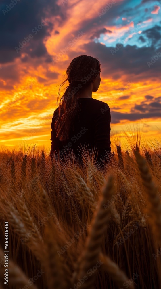 Young woman standing in wheat field enjoying dramatic sunset Young woman standing in wheat field enjoying dramatic sunset