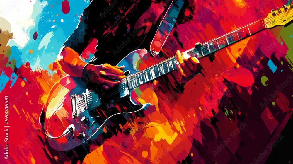 Obraz premium A musician plays an electric guitar, with splashes of vibrant colors in the background.