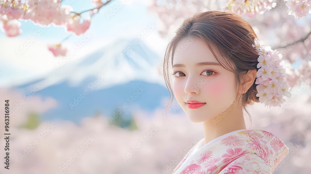 A serene woman in traditional attire poses amid cherry blossoms with a majestic mountain backdrop. A serene woman in traditional attire poses amid cherry blossoms with a majestic mountain backdrop.