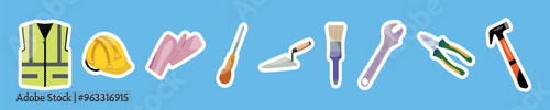 Set of clothes and tools of a worker, working person's special things sticker pack or icons 