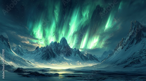 Green aurora borealis shining over snow-capped mountains and a frozen lake.