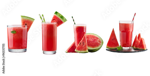 Watermelon juice served in various glasses, refreshing beverage, transparent background photo