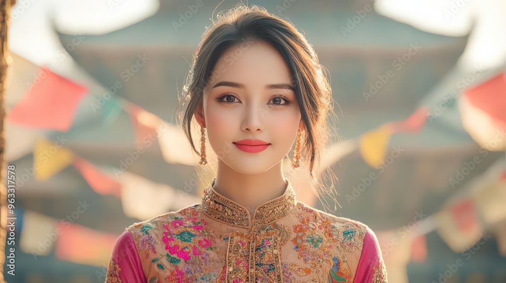 A portrait of a young woman wearing traditional attire, symbolizing culture and heritage, against a vibrant background. A portrait of a young woman wearing traditional attire, symbolizing culture and heritage, against a vibrant background.