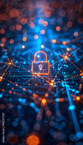 Detailed visualization of a secure network featuring interconnected data lines and nodes with a prominently locked gateway, symbolizing the complexity of digital privacy and cybersecurity. photo