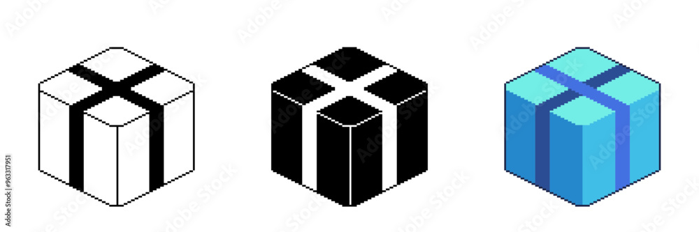 Packed Parcel in Blue Color, Pixel Art Icon Set with Outlined and Fill Variants Packed Parcel in Blue Color, Pixel Art Icon Set with Outlined and Fill Variants