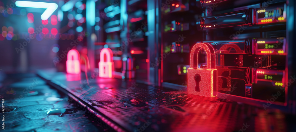 Fototapeta premium A digital network featuring glowing locks symbolizing cybersecurity, data protection, and secure information systems in a connected environment.