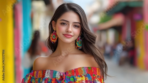 A young woman in colorful attire poses confidently in a vibrant street, exuding beauty and cultural richness.