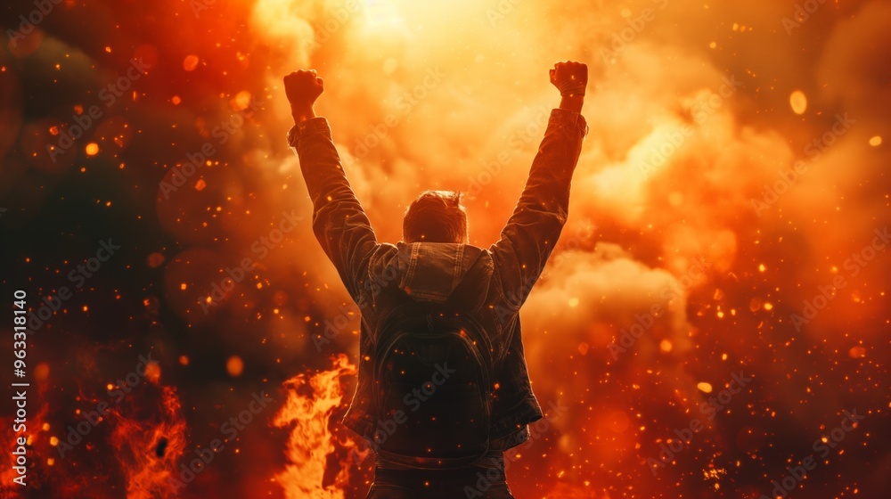 A person raises arms in victory amidst blazing flames and intense heat, symbolizing triumph and resilience. A person raises arms in victory amidst blazing flames and intense heat, symbolizing triumph and resilience.
