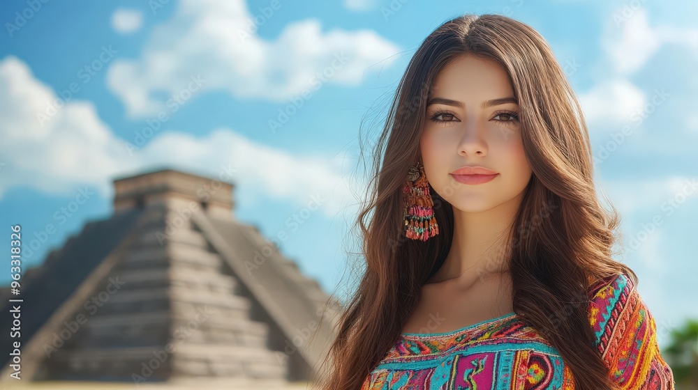 Fototapeta premium A young woman poses beautifully near an ancient pyramid under a clear blue sky, showcasing cultural fashion and vibrant beauty.