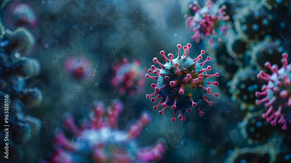 A close up of a virus with pink and blue spots. The virus is surrounded by a blue background A close up of a virus with pink and blue spots. The virus is surrounded by a blue background