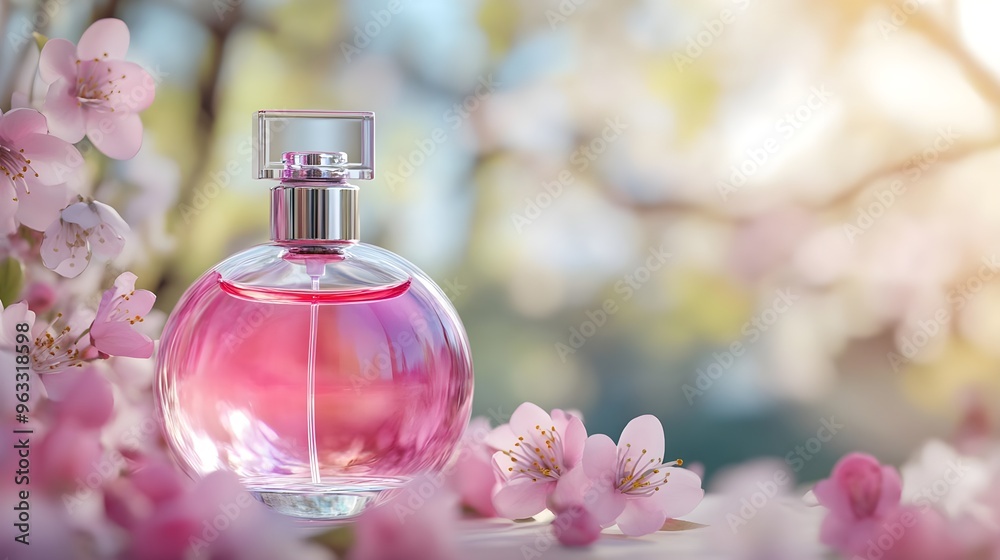 A delicate pink perfume bottle surrounded by blossoming flowers, embodying freshness and elegance in a serene spring ambiance. A delicate pink perfume bottle surrounded by blossoming flowers, embodying freshness and elegance in a serene spring ambiance.