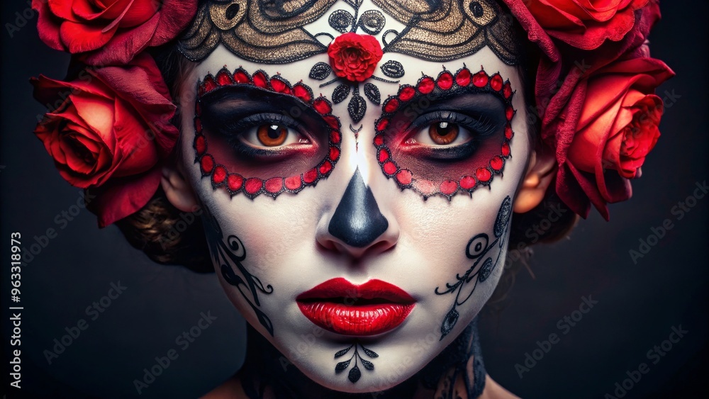 A captivating portrait of a woman with intricate sugar skull makeup and vibrant roses, embodying culture and artistry. A captivating portrait of a woman with intricate sugar skull makeup and vibrant roses, embodying culture and artistry.