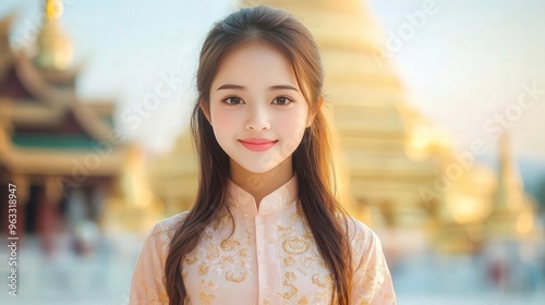 A portrait of a young woman wearing traditional attire, smiling against a beautiful temple backdrop, radiating warmth and culture. photo