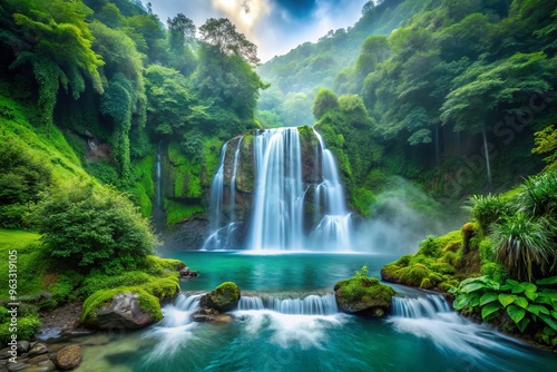 Waterfall with lush green surrounding and misty atmosphere in cool blue and green color scheme for sense of adventure