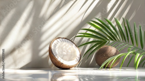 Minimalistic coconut half with palm leaves, perfect for fresh and natural beauty or wellness themes