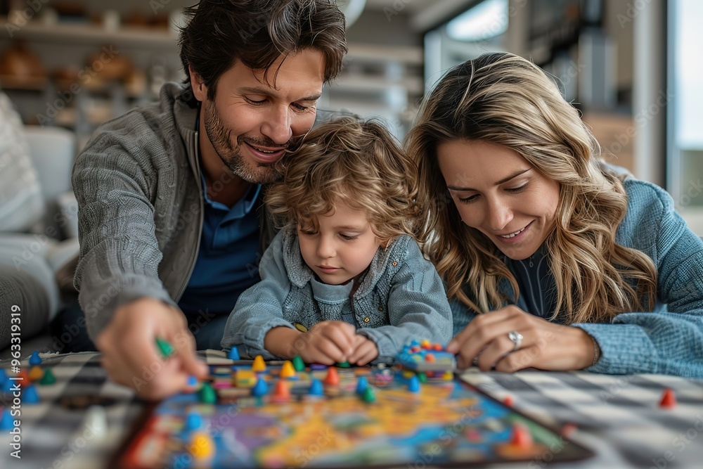 Fototapeta premium A family of three playing a board game together