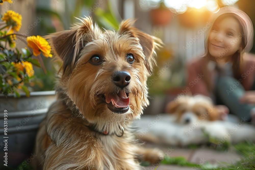 A dog is laying on the ground next to a girl A dog is laying on the ground next to a girl