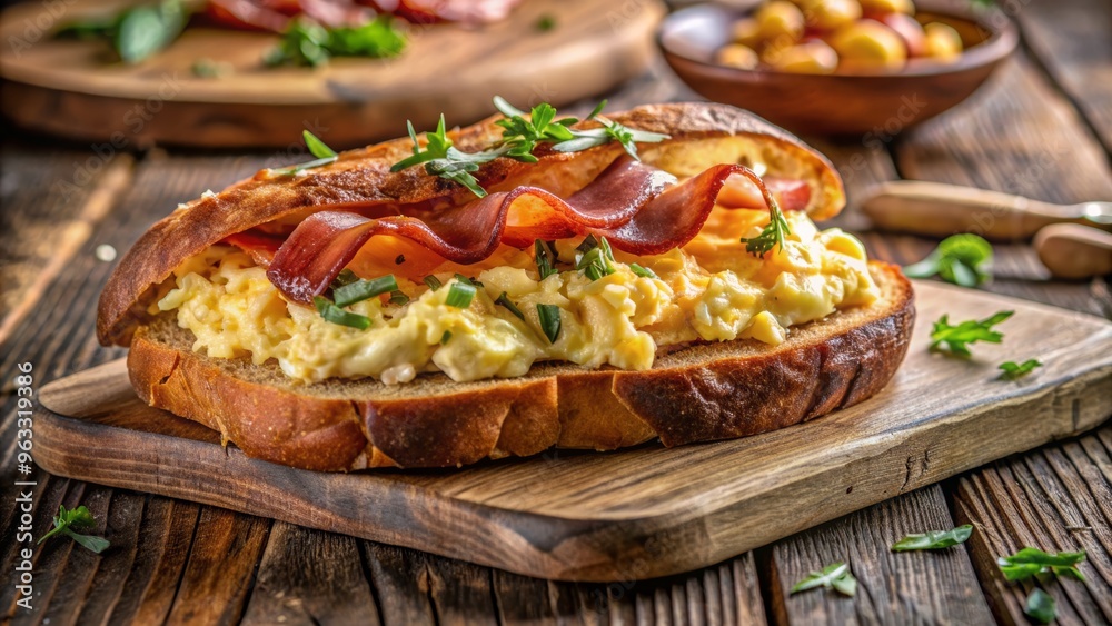 A delicious sandwich filled with scrambled eggs and savory ham, served on rustic wood with fresh herbs and a side of olives. A delicious sandwich filled with scrambled eggs and savory ham, served on rustic wood with fresh herbs and a side of olives.