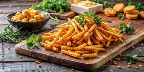 A delicious platter of golden fries accompanied by snacks and fresh herbs on a wooden table, perfect for sharing or a tasty treat. photo