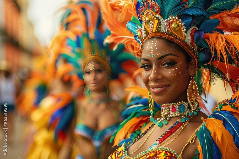 Fototapeta premium A woman wearing a colorful costume and a headdress is smiling
